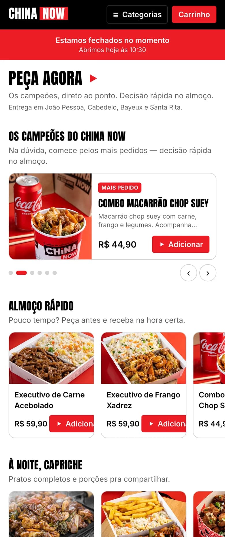 Cardápio digital do China Now Express no celular, com aviso de horário, destaque dos mais pedidos e as faixas Almoço rápido e À noite, capriche